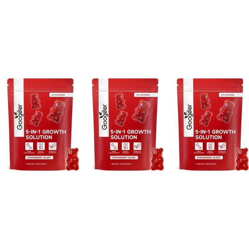 Googeer 5-IN-1 Growth Solution Gummies สำหรับการพัฒนากระดูกและส่วนสูงวิตามิน D3 K2 แคลเซียม Strawberry Blast 60 Gummies