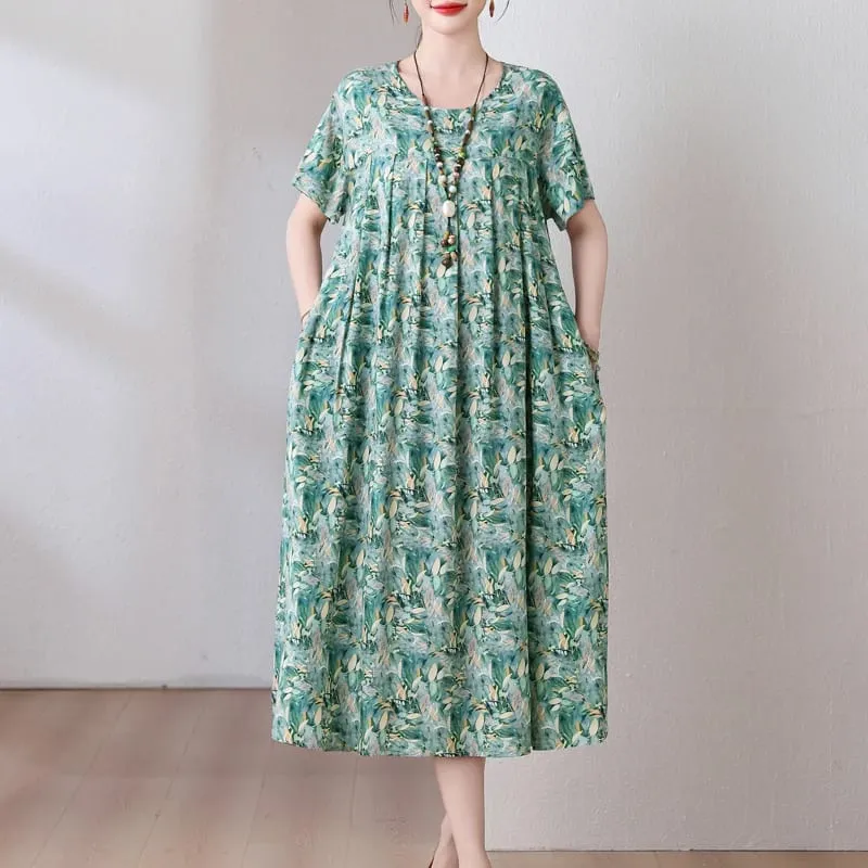 Yeni Moda Rahat 2026 Yaz Elbiseler Kadınlar Için Vintage Kısa Kollu O-Boyun Baskı Gevşek Çiçek Elbise Kadın Giysileri