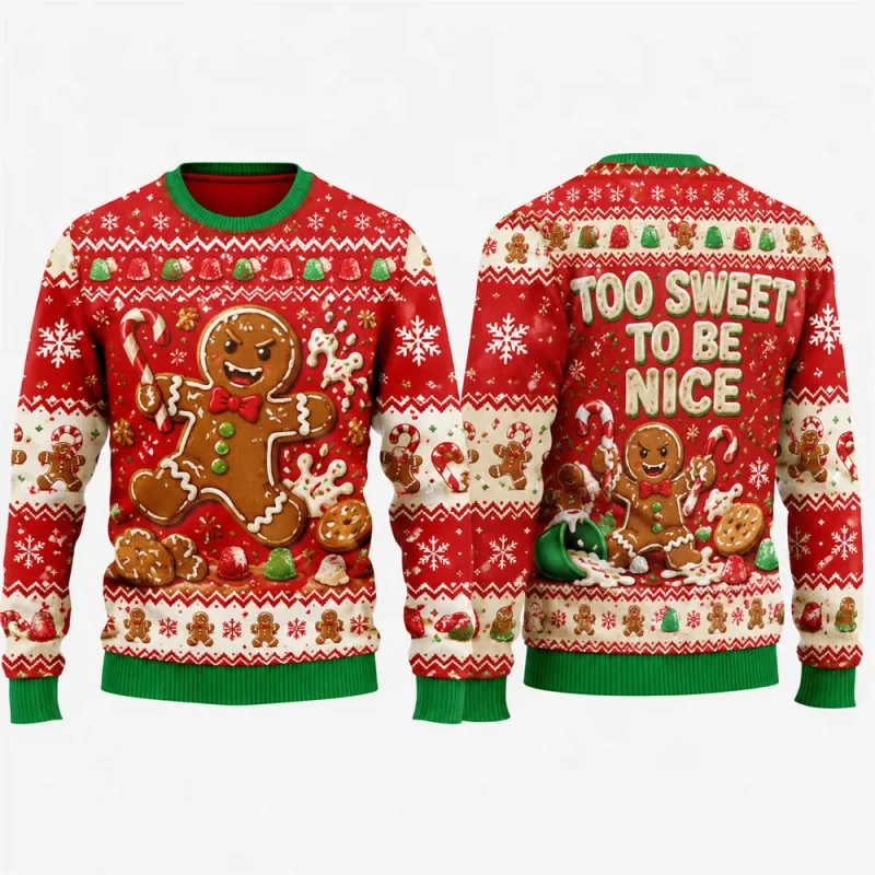 Gingerbread Man Ugly Christmas Sweatshirt 3D Graphic Crewneck Unisex Funny Candy Cane Xmas Party Holiday Pullover Gift Male Top