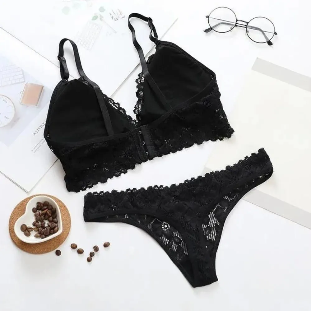 Fashion V Neck Lace Flower Bra Set Thong Solid Color Floral Panties Bra Kit T-Back Lingerie Lace Underwear Valentine's Day Gift