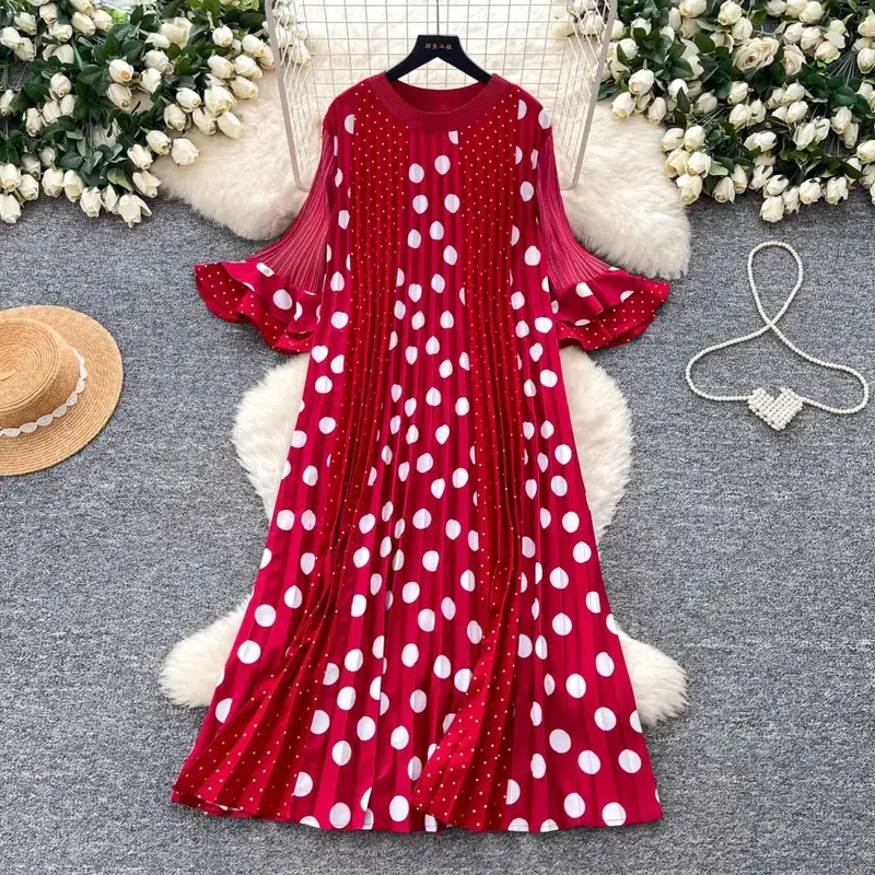 Miyake Pleated Polka Dot Dresses 2026 Summer Flared Sleeves Round Neck Fashion Pleated Long Dress Women Draped Elastic Clothing