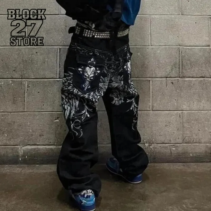New Y2K American Retro Embroidery Jeans Unisex Wide Leg Denim Pants Hip Hop Streetwear Baggy Trousers Casual Fashion Harajuku