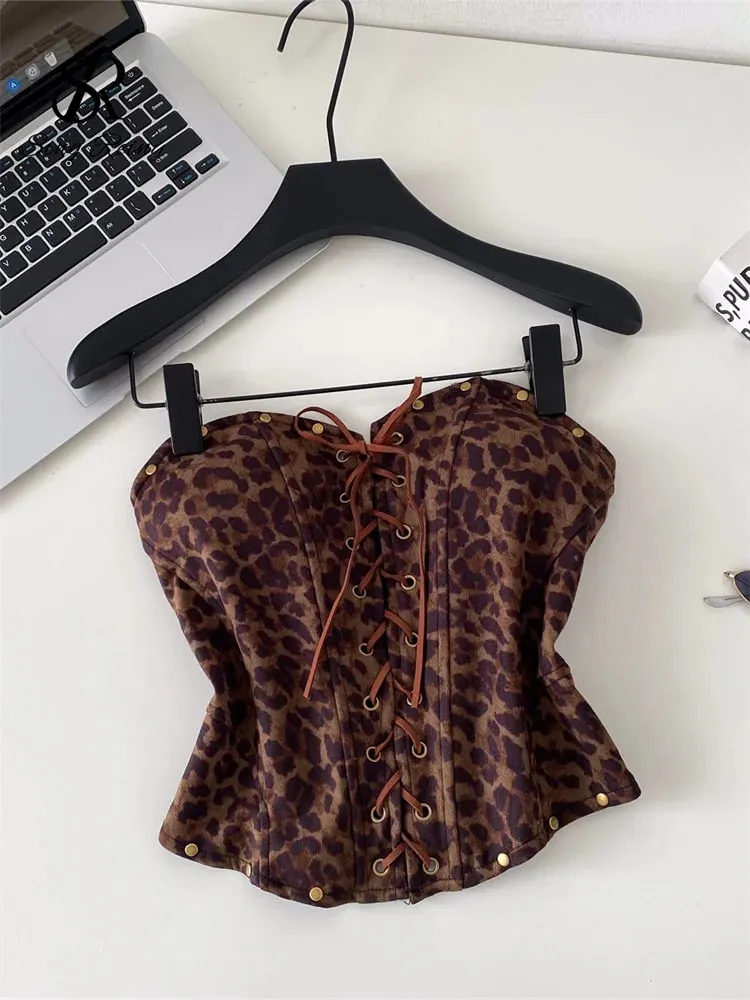 Sexy Leopard Paisley Print Top Spicy Girl Lace Up Stretch Bodycon Strapless Tank Top Ladies Hotsweet Clubwear Camisole