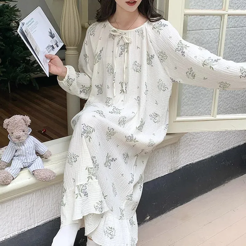 モスリン綿 100% ガーゼ女性のためのドレス長袖ボタンアッププリントファッションカジュアルシックな特大ルーズ女性 Vestidos Mujer