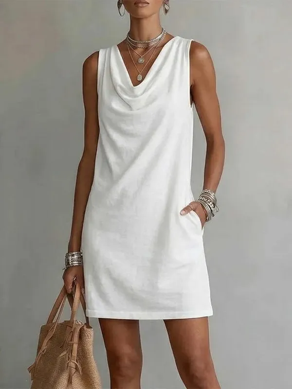 Women Casual Loose V-Neck Sleeveless Pocket Ruffles Dress Spring Summer Vest Tank Midi Dresses
