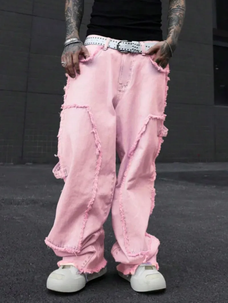 Pink Frayed Wide-Leg All-Season Cargo Denim Jeans
