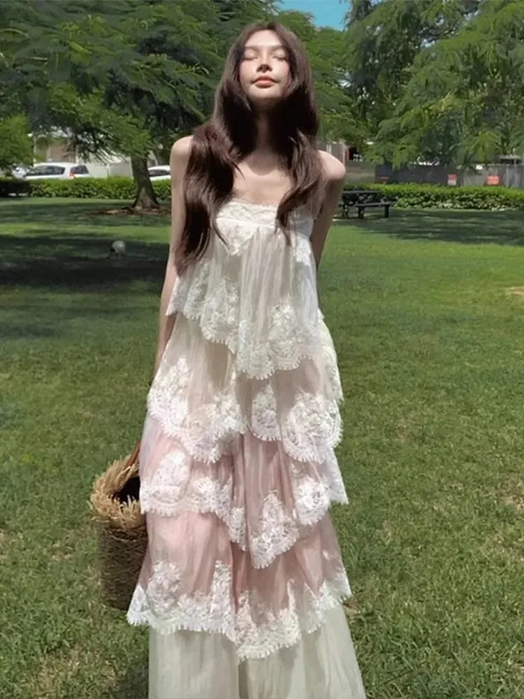 Women's Lace Hem Draped Maxi Dress Sweet Sleeveless Backless Ruffle Hem Dress 2026 Summer Casual Vacation Streetwear Lady Dress