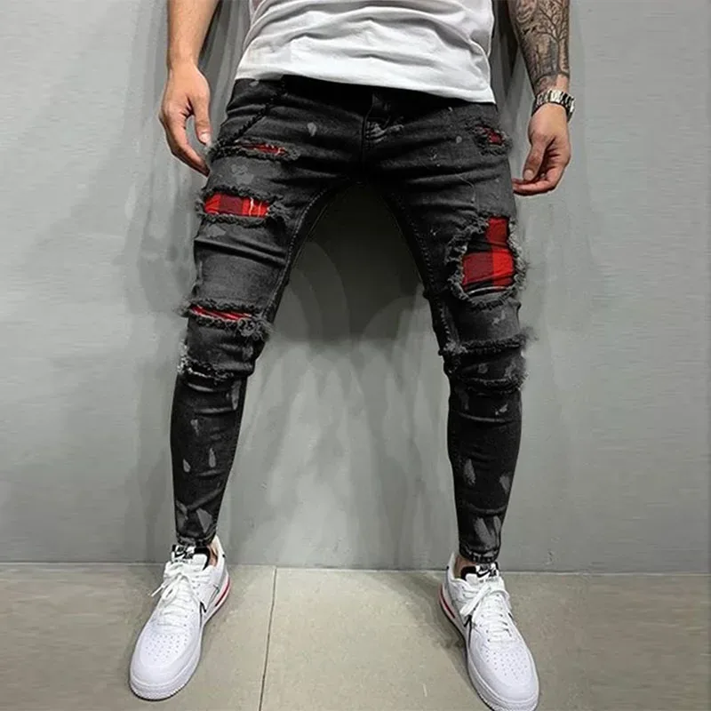 Bagong Panlalaking Skinny Ripped Jeans Fashion Grid Hole Endothecium Patches Slim Fit Stretch Casual Denim Pencil Pants Jogging Trousers
