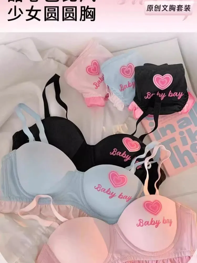 Lolita Inspired Lingerie Set for Small Chest Wireless Push Up Bralette to Enhance Curves Sweet Barbie Style Bra & Tushy Panty