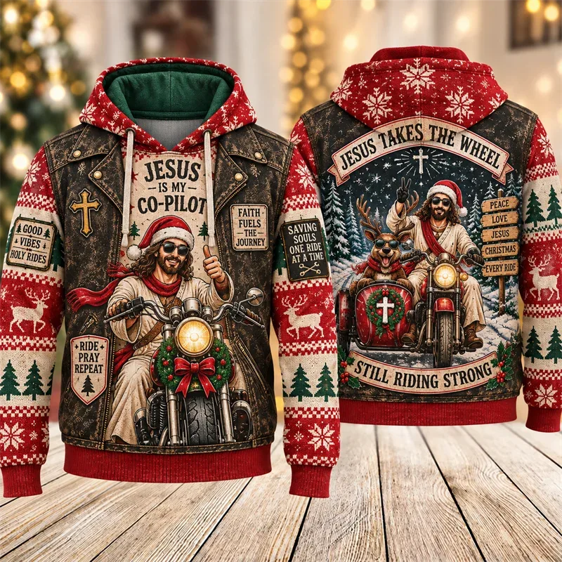 Funny Jesus Christmas Biker Hoodie 3D Graphic Motorcycle Rider Vintage Holiday Pullover Winter Streetwear Party Casual Gift