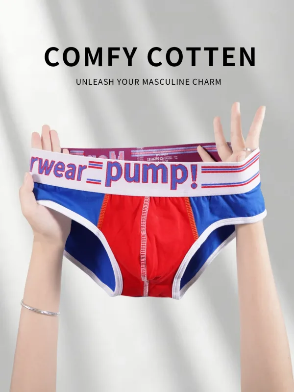 Celana Dalam Katun Warna Blok Pria, Pump! Logo Celana Dalam Kantong Cembung 3D Seksi Bertingkat Rendah Ikat Pinggang Lebar 3256813080433415