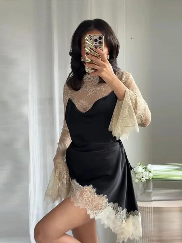 Elegant Satin Floral Lace Patchwork Mini Dress For Women Irregular Hem Long Sleeve Dresses Lady 2026 Chic Evening Party Vestidos