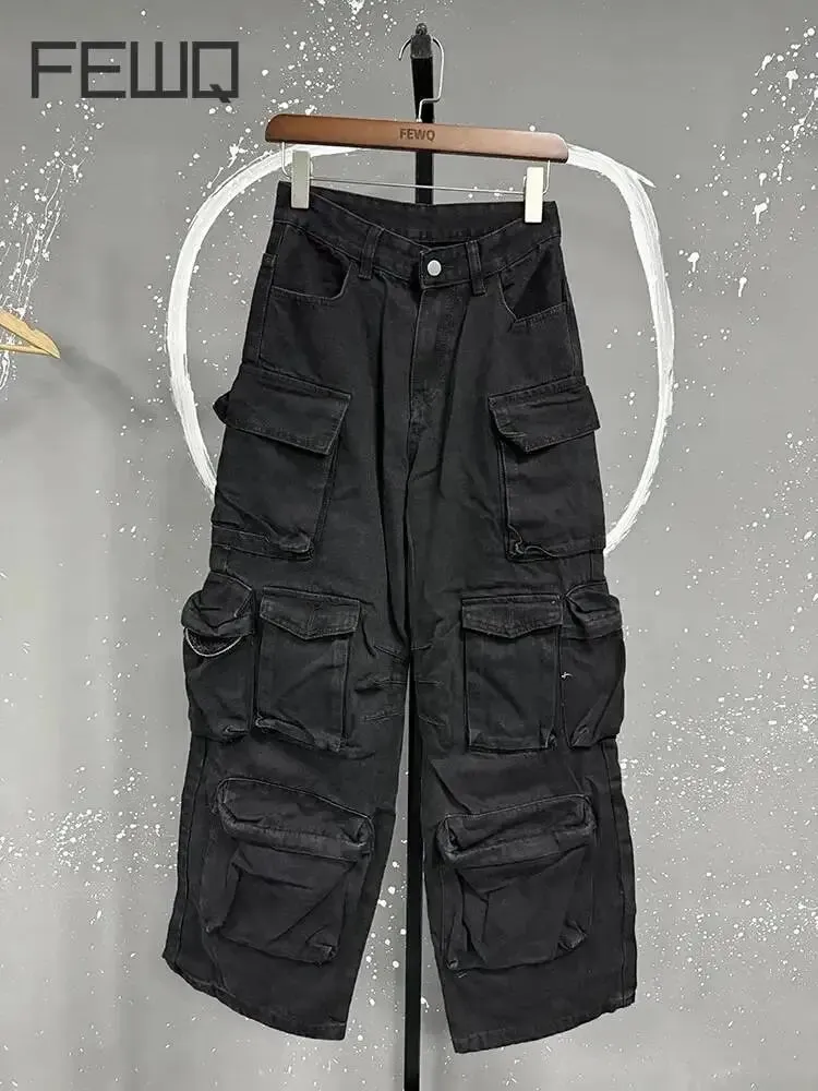 American Style Men Denim Pants Solid Color Multi-pocket Cargo Trousers Straight Wide Leg Loose Male Jeans Menswear 24K3020