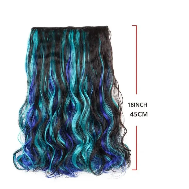 Synthetic 5Clip in Hair Curly Extension 18 Inch Curly Black Mix Blue Highlights Thick Hairpieces Fiber Hair for Women