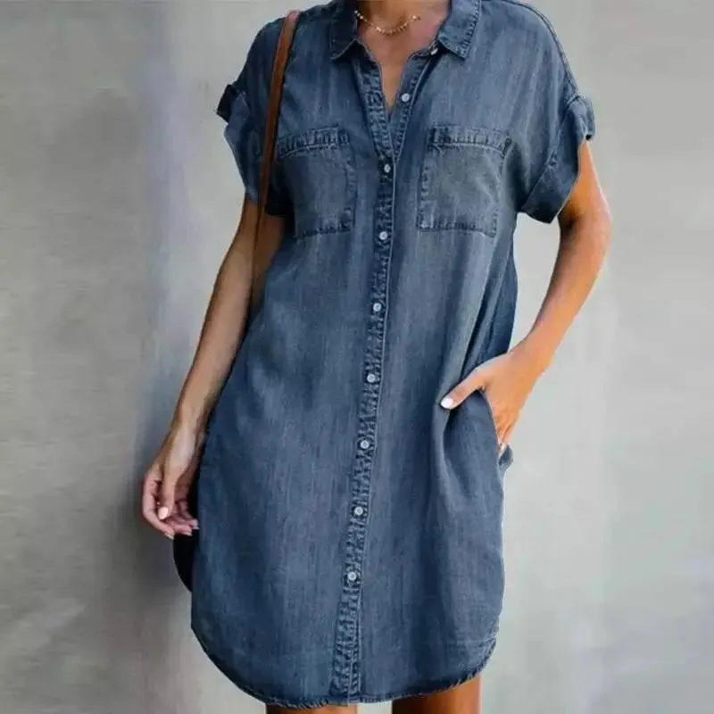 Zomer Nieuwe Single Breasted Denim Shirt Jurk Dames Casual Losse Zak Eenvoudige Retro Commuter Vrouwelijke Kantoor Denim Korte Rok