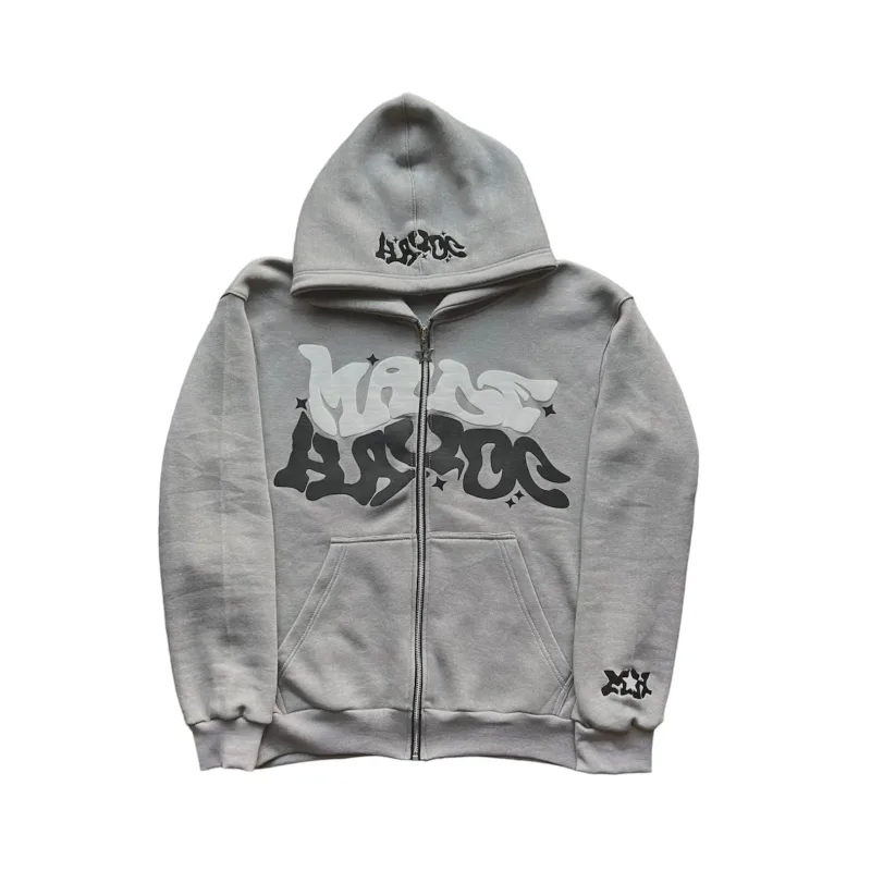Men's Retro American Letter Zipper Printed Hooded Sweatshirt Unisex Autumn and Winter Open Cardigan