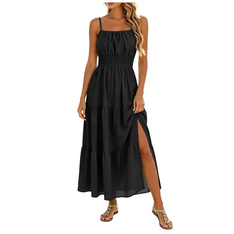 Women's Summer Chiffon Dress Elegant A-Line Double Layer Sexy Sling Dresses Summer Holiday Party Ball Gown Muer Solid Sundress