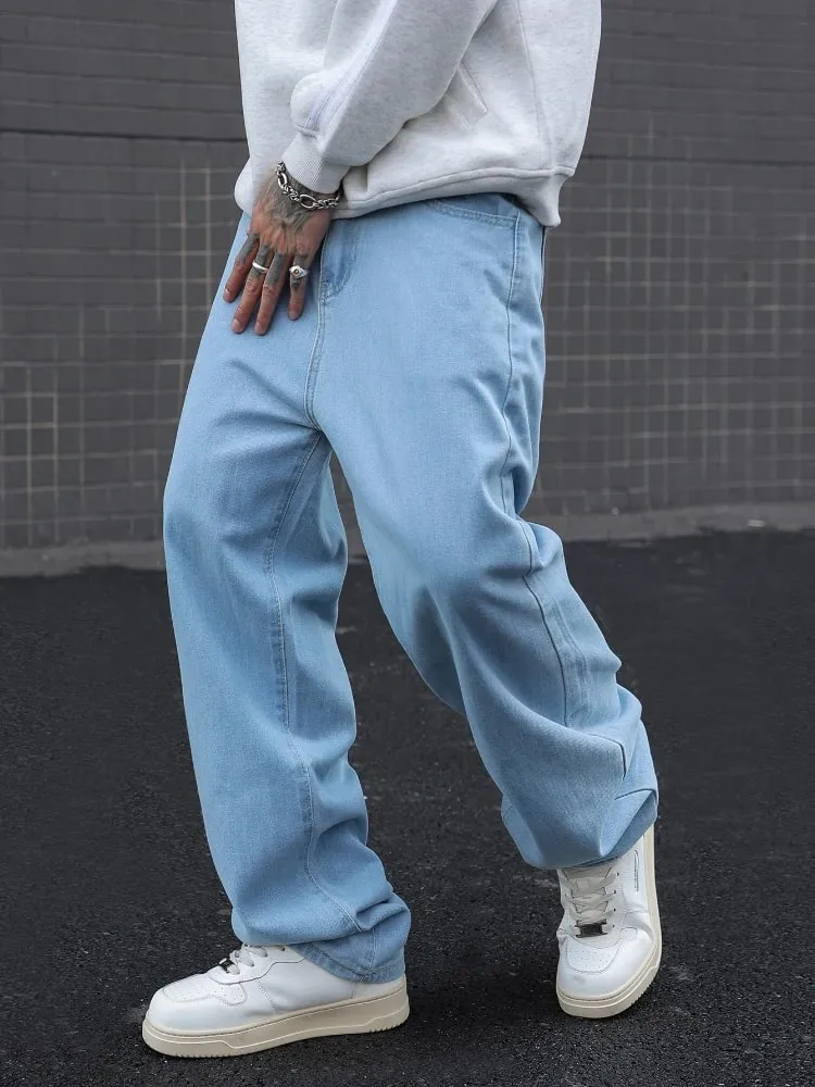Novo algodão masculino baggy y2k jeans moda roupas masculinas cintura elástica lavada calças de perna larga sólida reta solta calças jeans