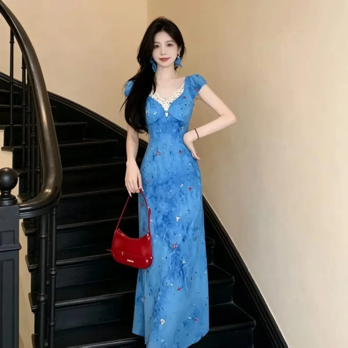 Elegant Blue Lace Splice Beach Vacation Style Tea Break Dress High Waist A-Line Skirt Short Sleeve V-Neck Commute Korean Style