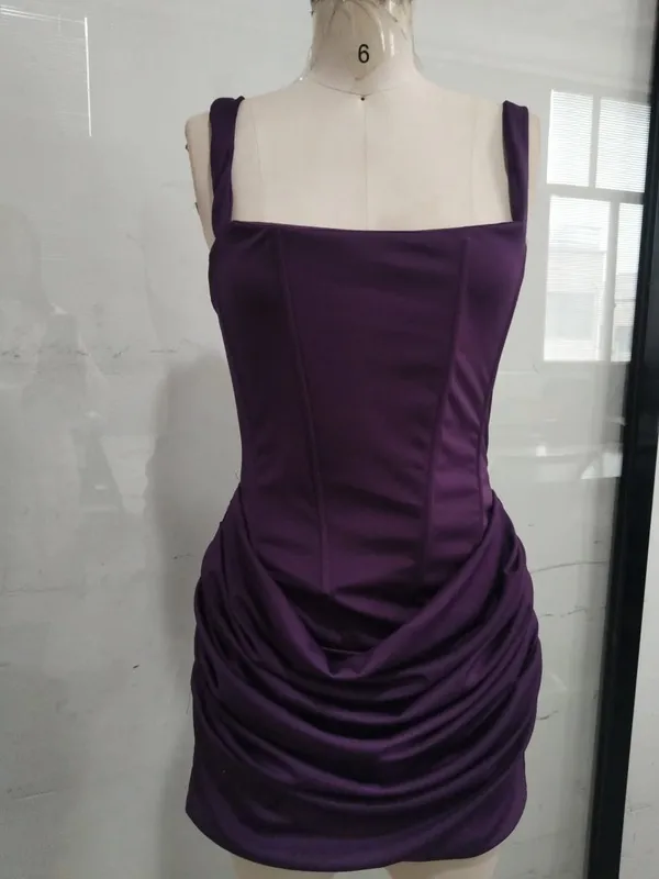 Square-neck Halter Mini Dress Women Sexy Pleated Sleeveless Backless High Waist Bodycon Dresses 2026 Women's Summer Party Robes