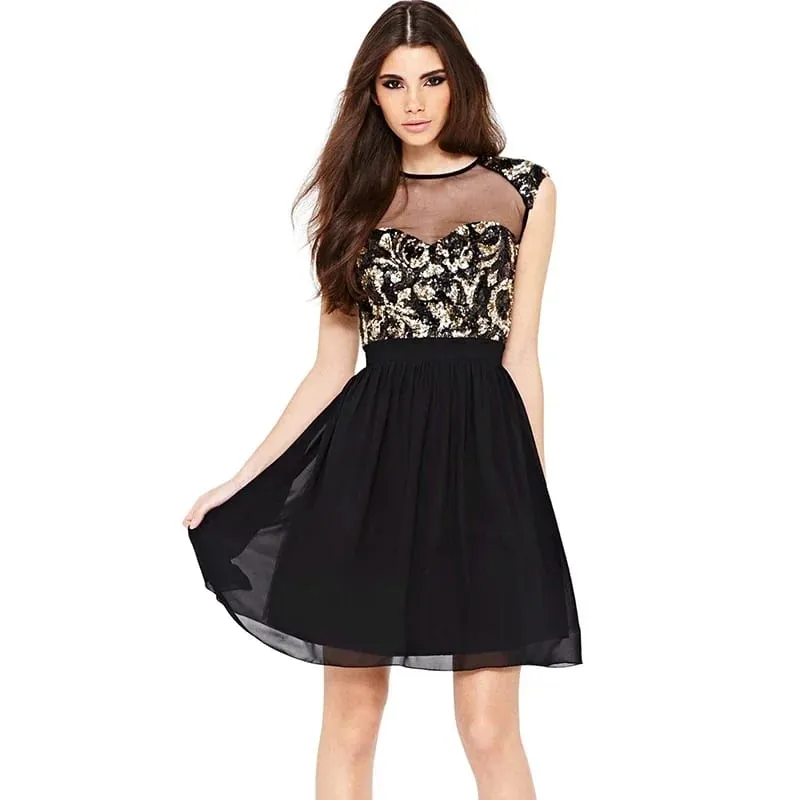 Elegant Vintage Black Mesh Insert Skater Dress Sexy Peplum Dress New Fashion Summer Dress Women Casual Chiffon Dress
