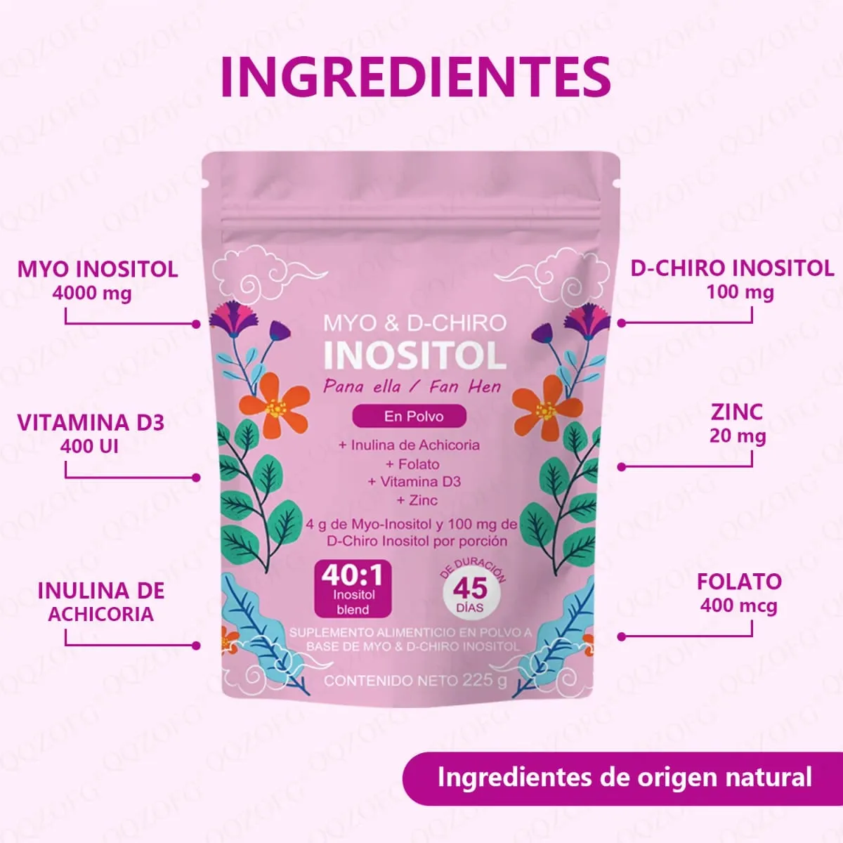 40:1 Mix Myo & D-Chiro Inositol Powder Naglalaman ng Folate Vitamin D3 at Zinc Supporting Women's Daily Health Dietary Supplement