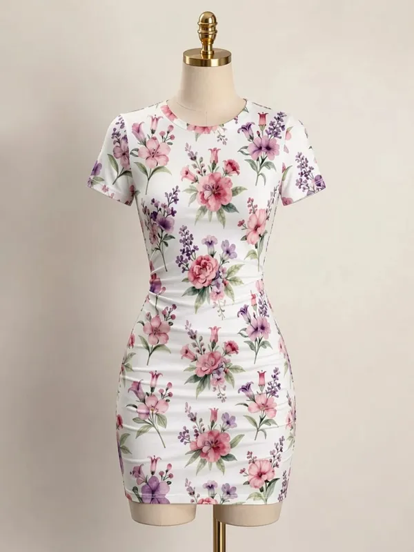Womens Short Sleeve Bodycon Mini Dress Slim Fit Crew Neck Floral Print Casual Summer Party Cute Comfy Vacation Vacation Sundress
