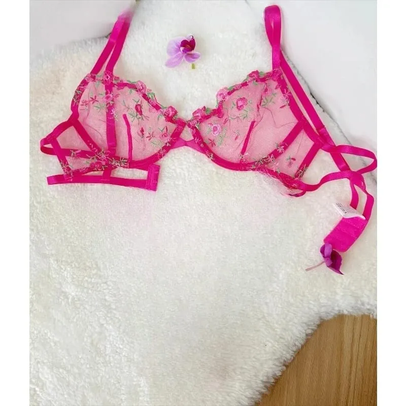 Korean Hot Lace Bra Set Floral Embroidery Transparent Mesh Ultra Thin Big Bust Modest Summer Ladies Daily Wear Underwear 32-38
