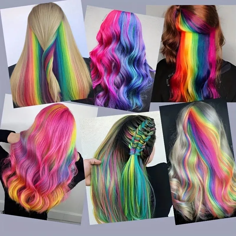 24Pcs/lot Clip in Hair Extensions Multi-Colors Highlights Synthetic Hair 22 inch Rainbow Hairpieces for Girls Women Kids