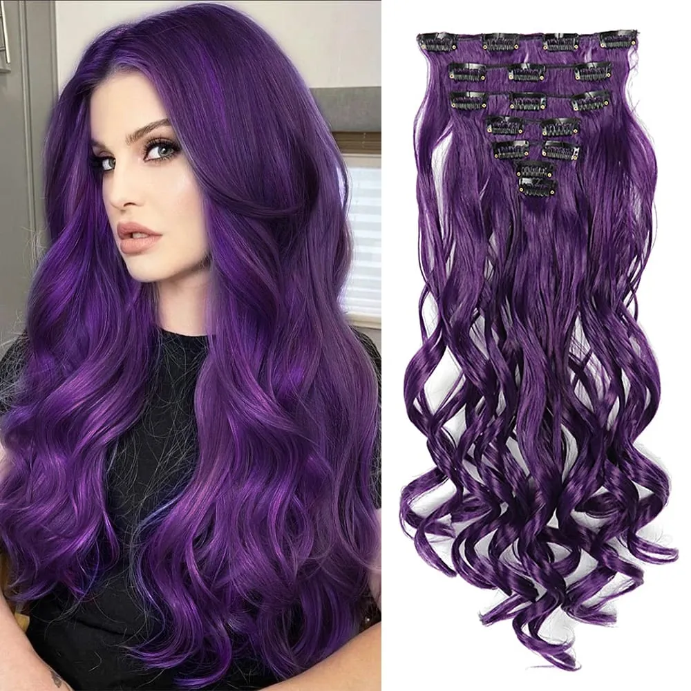Synthetic Clip in Hair Extensions Purple hairpieces 7pcs/set 22inch Thick Hair for Women Girls Daily Party Cosplay