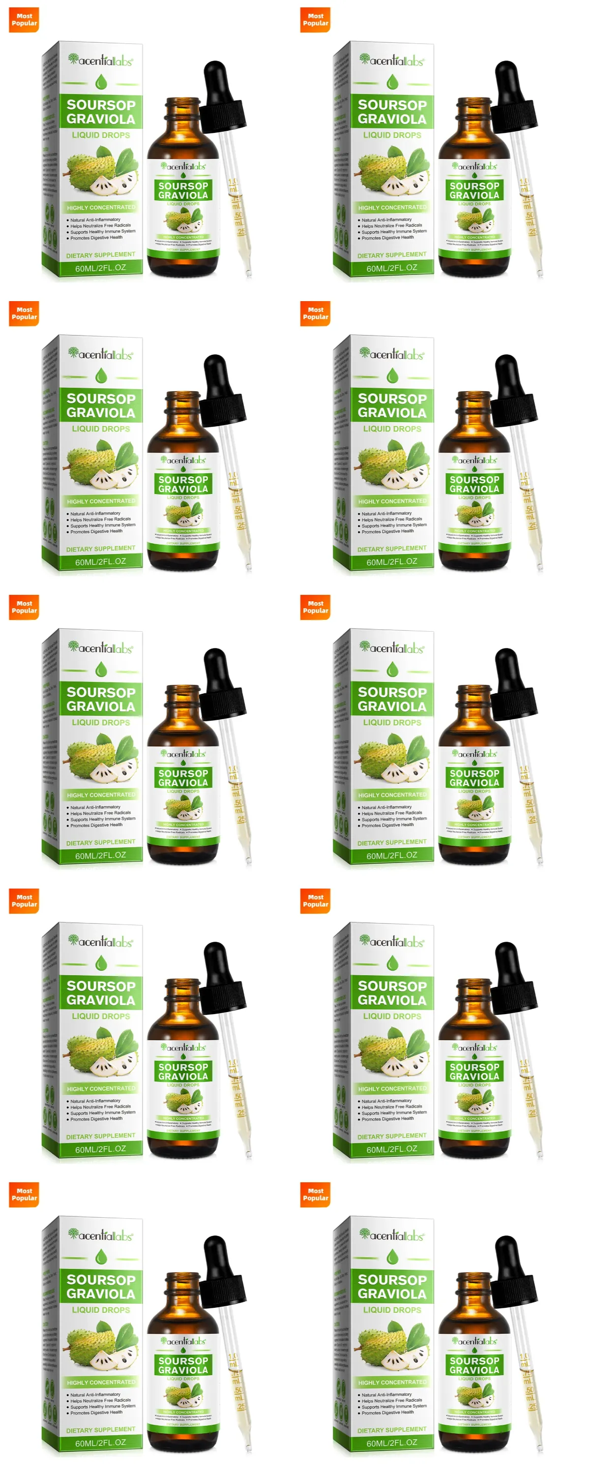 Acentiallabs Hot Sale 60ml Soursop Bitter Liquid Drops Dietary Supplements 100% Pure Organic Soursop Graviola Extract for Adlut