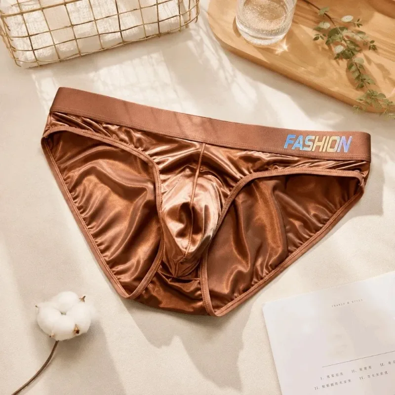 Underwear Men's Triangle Panties Low Waist Ultra Smooth Satin Silky Briefs Lingerie Gradient Letter Glossy Underpants Large Size