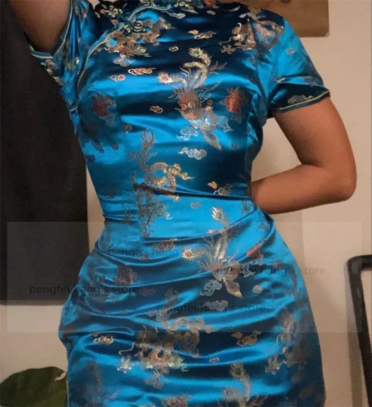 中国風の女性ドラゴンフェニックス袍クラシックレッドサテンチャイナプラスサイズ半袖ミニドレス Vestidos 3XL 4XL 5XL 6XL
