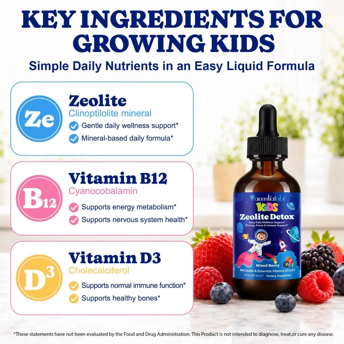 Kids Zeolite Detox Drops with Vitamin B12 & D3 Immune Energy & Bone Health Support for Growing Children Berry Flavor 60mL