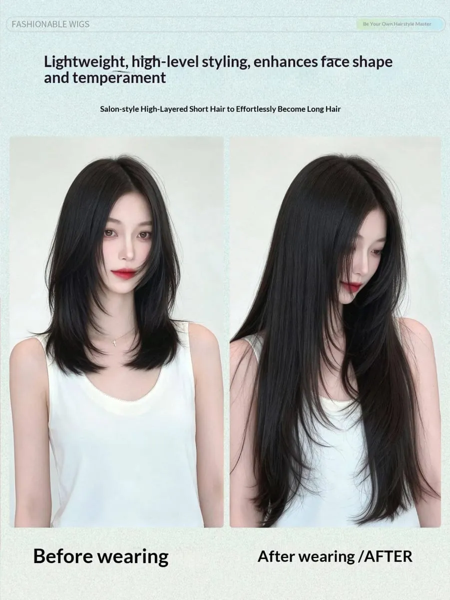 Synthetic Straight Hair Extension One Piece Layered Lightweight Invisible Seamless Clip-in Hairpiece 4 Clips for Women Daily