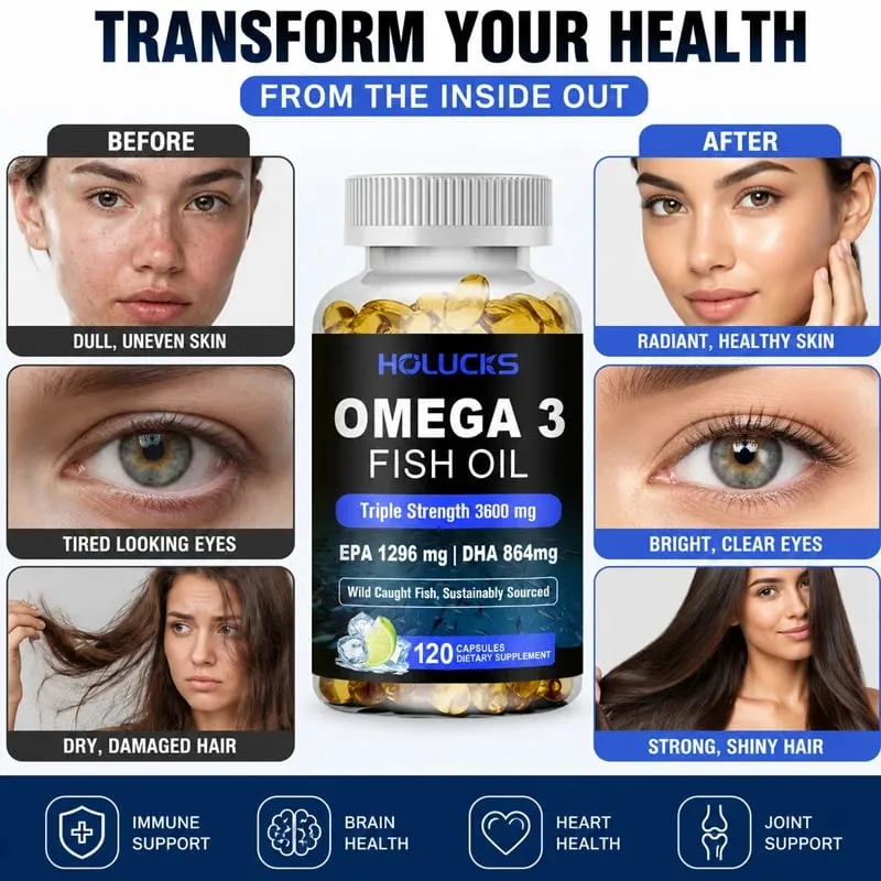Omega-3 Fish Oil Capsules with EPA & DHA Supports Energy Skin Care Heart Joints Brain Nervous System Health & Antioxidant