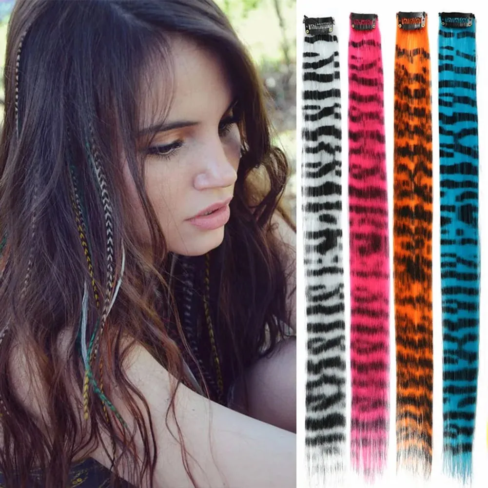 Synthetic Hair Extension18" Long Straight Women High Temperature Clip in Hair Extension Hairpiece Feather Wig Blue Rose Colorful