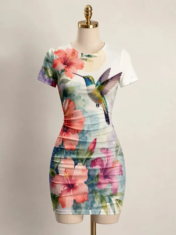 Womens Short Sleeve Bodycon Mini Dress Slim Fit Crew Neck Floral Print Casual Summer Party Cute Casual Weekend Vacation Sundress