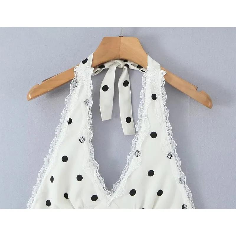 Vestido de encaje empalmado con lunares y cuello Halter para mujer, minivestido Sexy de corte a con espalda descubierta, bata de verano 2025