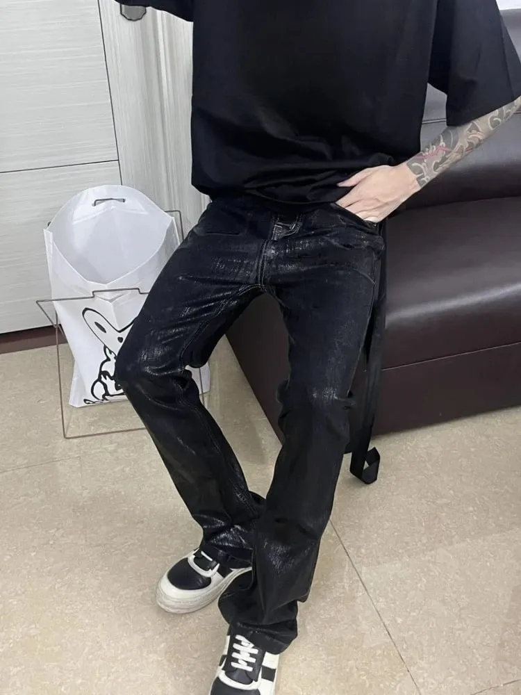 Jean Harajuku pour hommes, Streetwear américain de rue, pantalon en Denim enduit de cire, Style foncé, Micro évasé, très extensible, coupe cintrée rétro