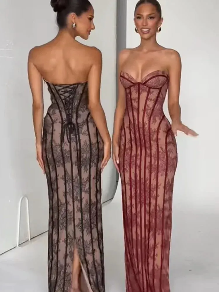 Women Strapless Tulle Fishbone Dress Backless Off Shoulder Printed Patchwork Slim Maxi Dresses 2026 Lady Chic Party Evening Gown