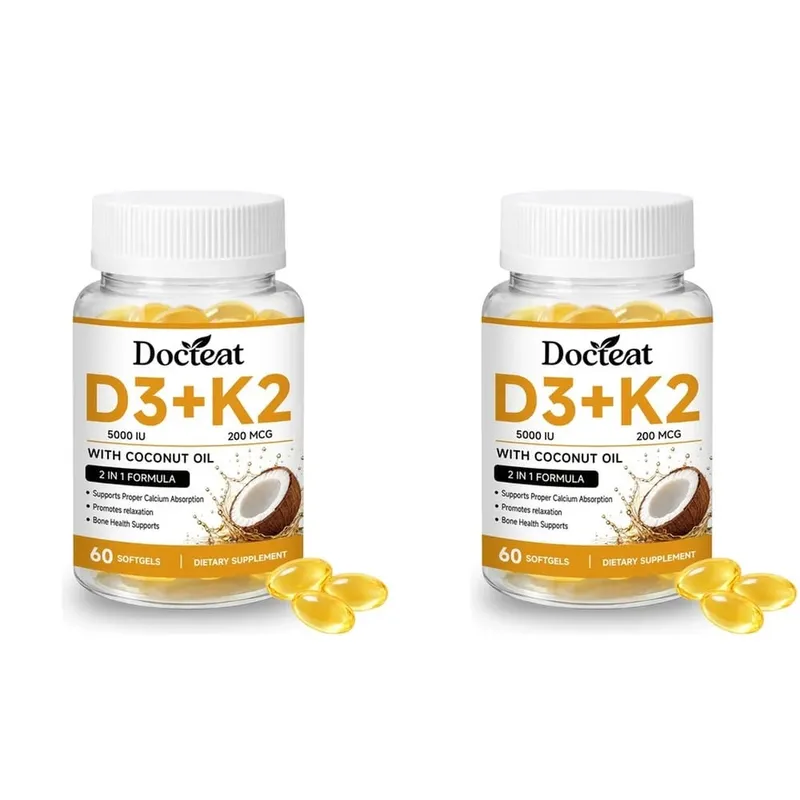 Docteat Vitamin D3+K2 Softgels with Coconut Oil Vitamin D3 Vitamin K2 Calcium Absorption Bone Health for Men Women 60 Softgels