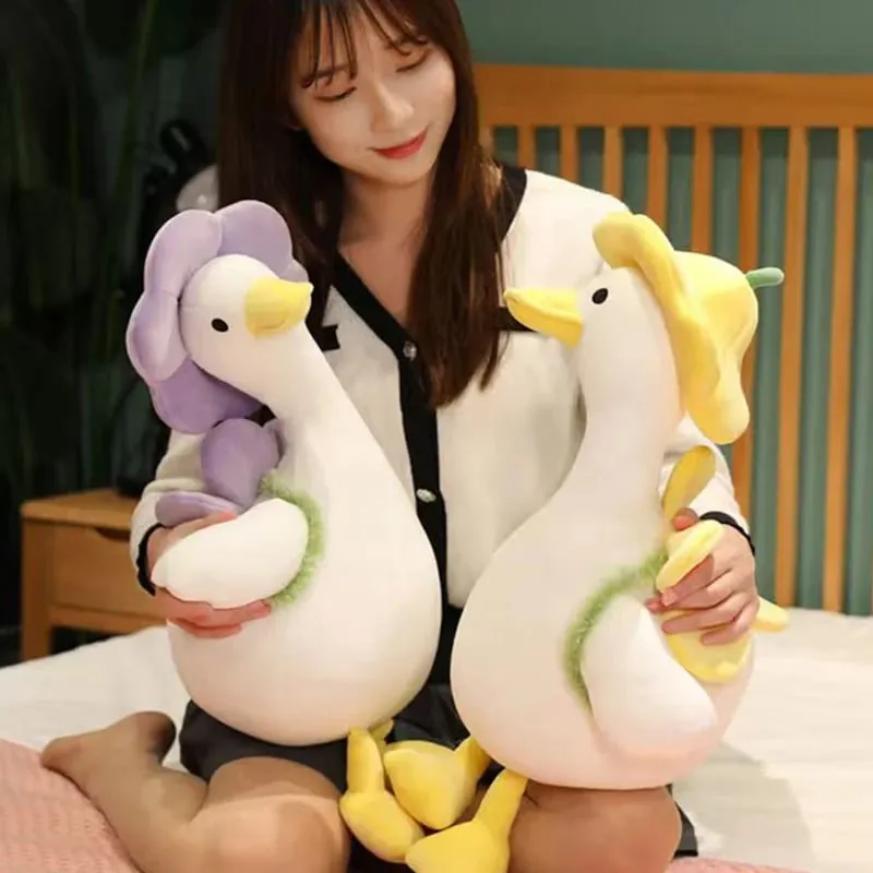 Cute Little Duck Doll Flower Duck Plush Big White Goose Doll Super Soft Sleeping Pillow Birthday Gift Decoration Toy for Kids