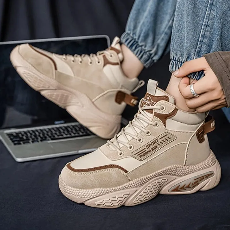 Men's High Top Sneakers Luxury Designer Men Boots Outdoor Fashion Lace-Up Casual Shoes High Quality Leather Platform Boots Male
