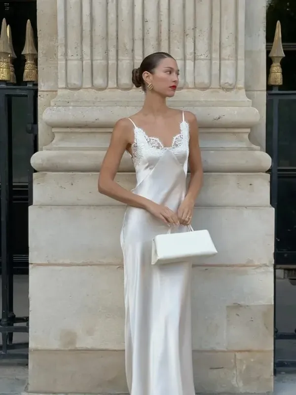 Women Sexy V-neck Satin Sling Maxi Dress Chic White Lace Patchwork Sleeveless Backless Slim Gowns Summer Evening Party Dresses