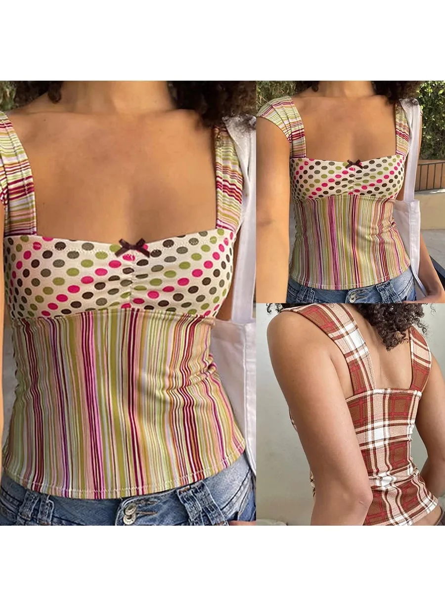 Summer Women Y2k Cottage Tank Top Vintage Plaid/Stripes Print Square Neck Cami Crop Top Party Club Vest 00s Retro Shirt