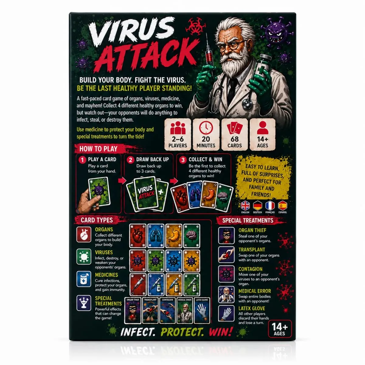 Spanish card game Attack Fast Paced Infection Battle Card Game Collect Healthy Organs Use Medicine Build Immunity