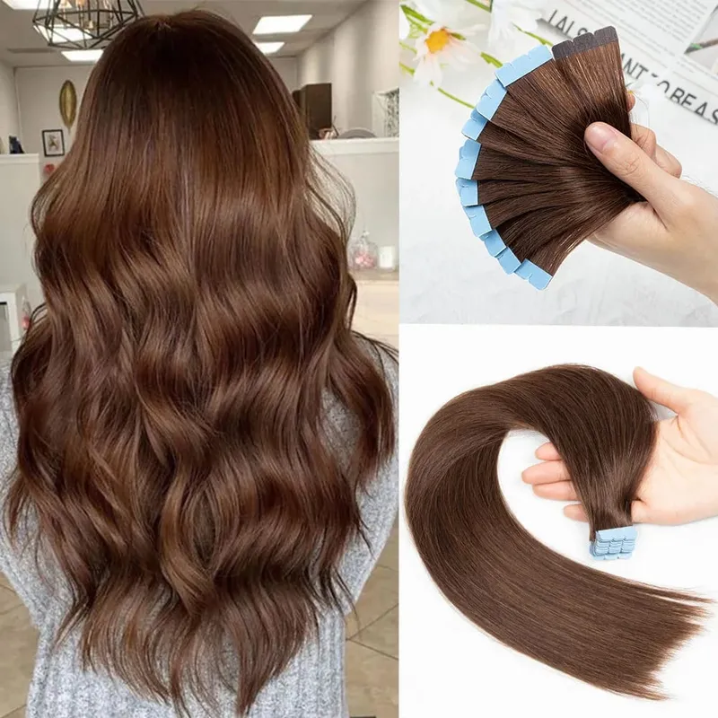 Blonde Mini-Tape-in-Haarverlängerungen, Echthaar, natürlich, glatt, schwarz, braun, doppelseitig, nahtlos, PU-Hautschuss-Tape-Ins, 10 Stück — image 10