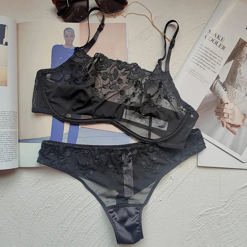 Elegant Women Sheer Mesh Floral Embroidered Lingerie Set Gold Chain Accent Underwire Bra & Thong 2pcs Intimate Outfit