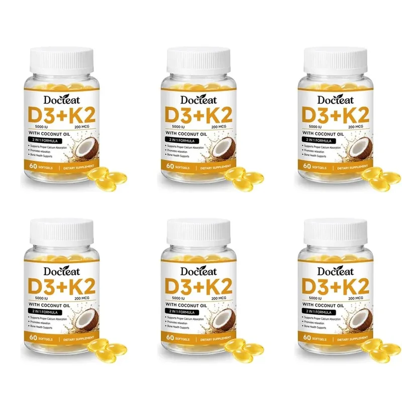 Docteat Vitamin D3+K2 Softgels with Coconut Oil Vitamin D3 Vitamin K2 Calcium Absorption Bone Health for Men Women 60 Softgels